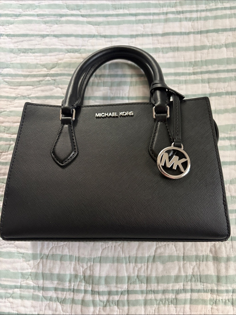 Michael Kors Black Saffiano Leather Satchel with MK Charm (Small)